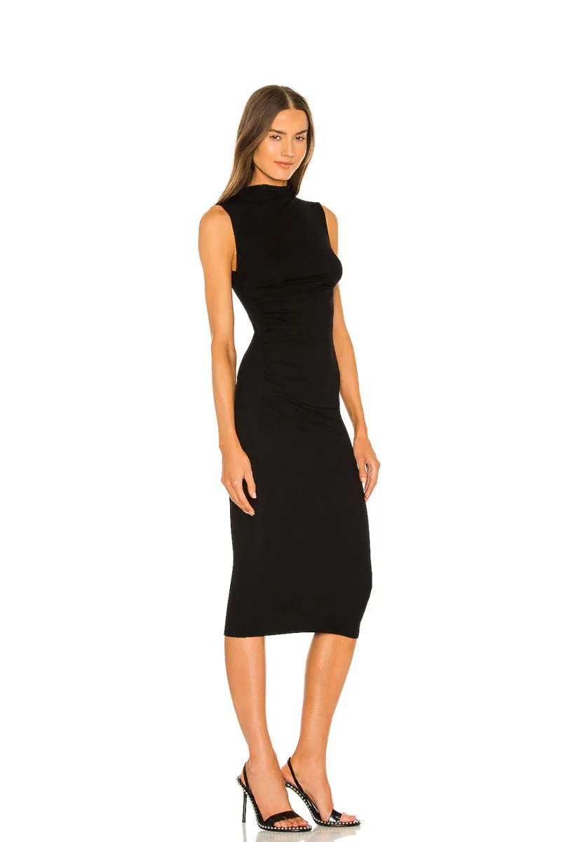 Black Slinky Knit Dress - Boat Neck Blouson Versatile