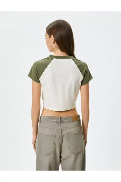 College Crop T-Shirt V-Neck Short Sleeve Cotton