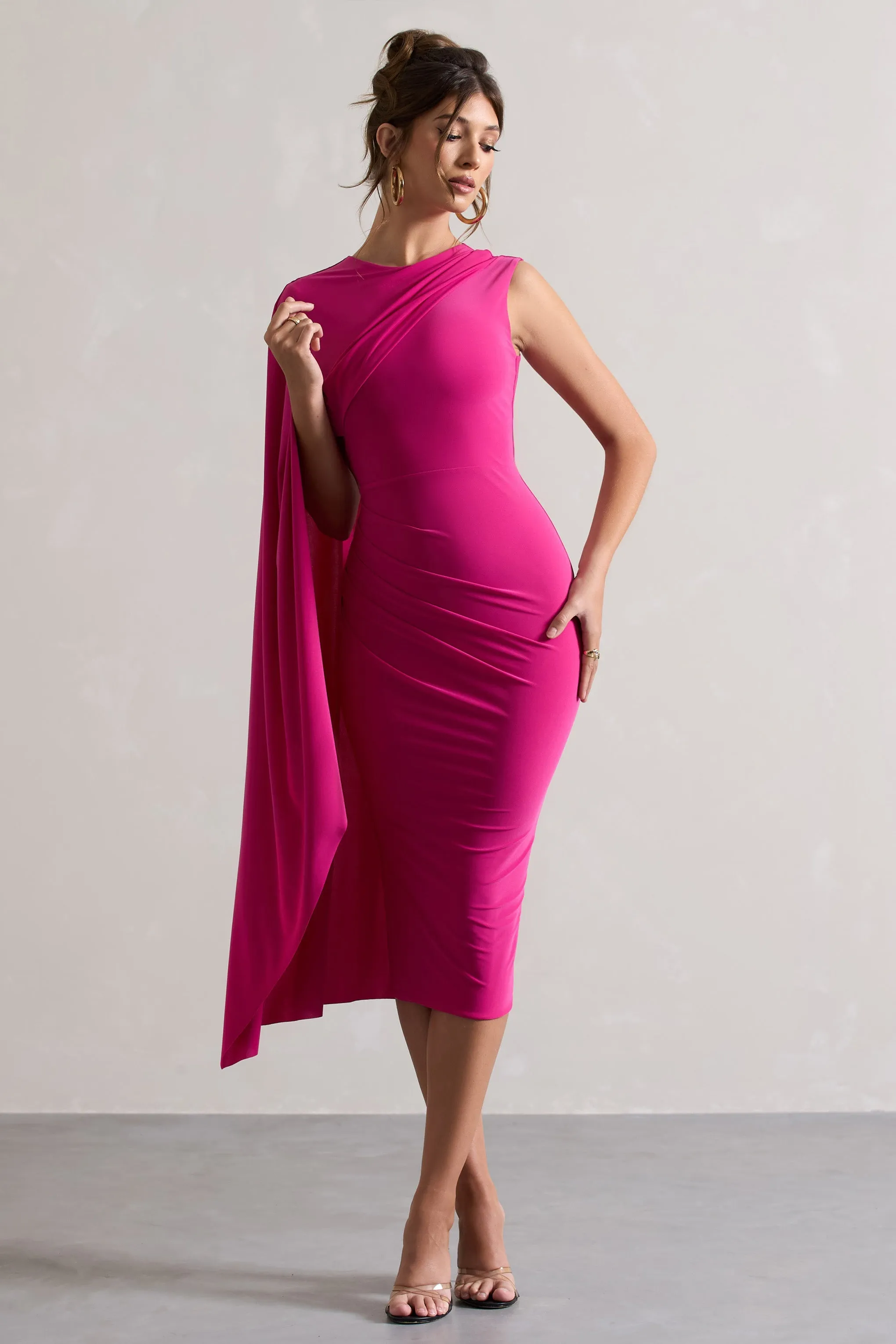 Dark Pink One Sleeve Cape Midi Dress