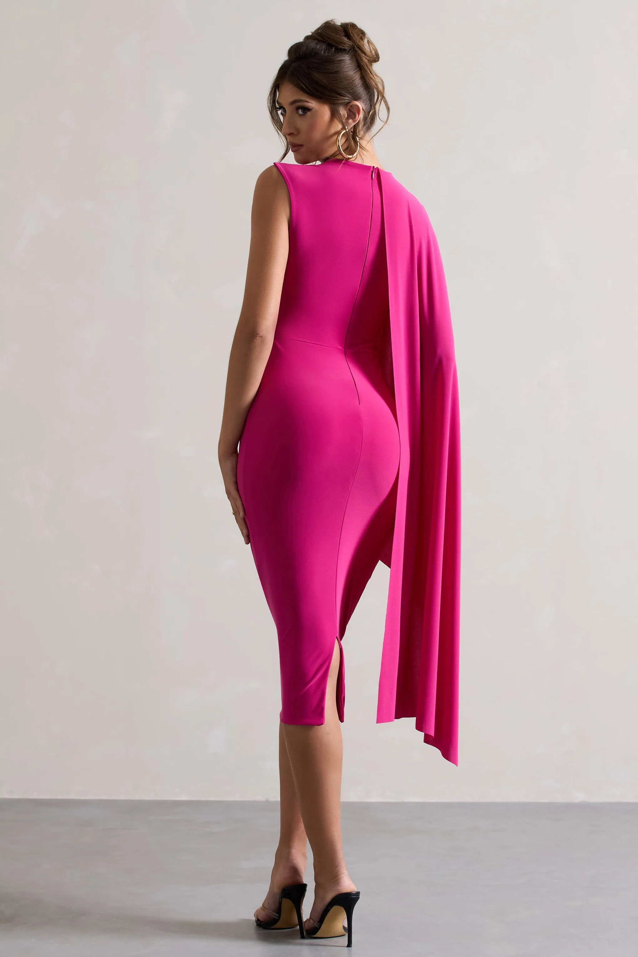 Dark Pink One Sleeve Cape Midi Dress