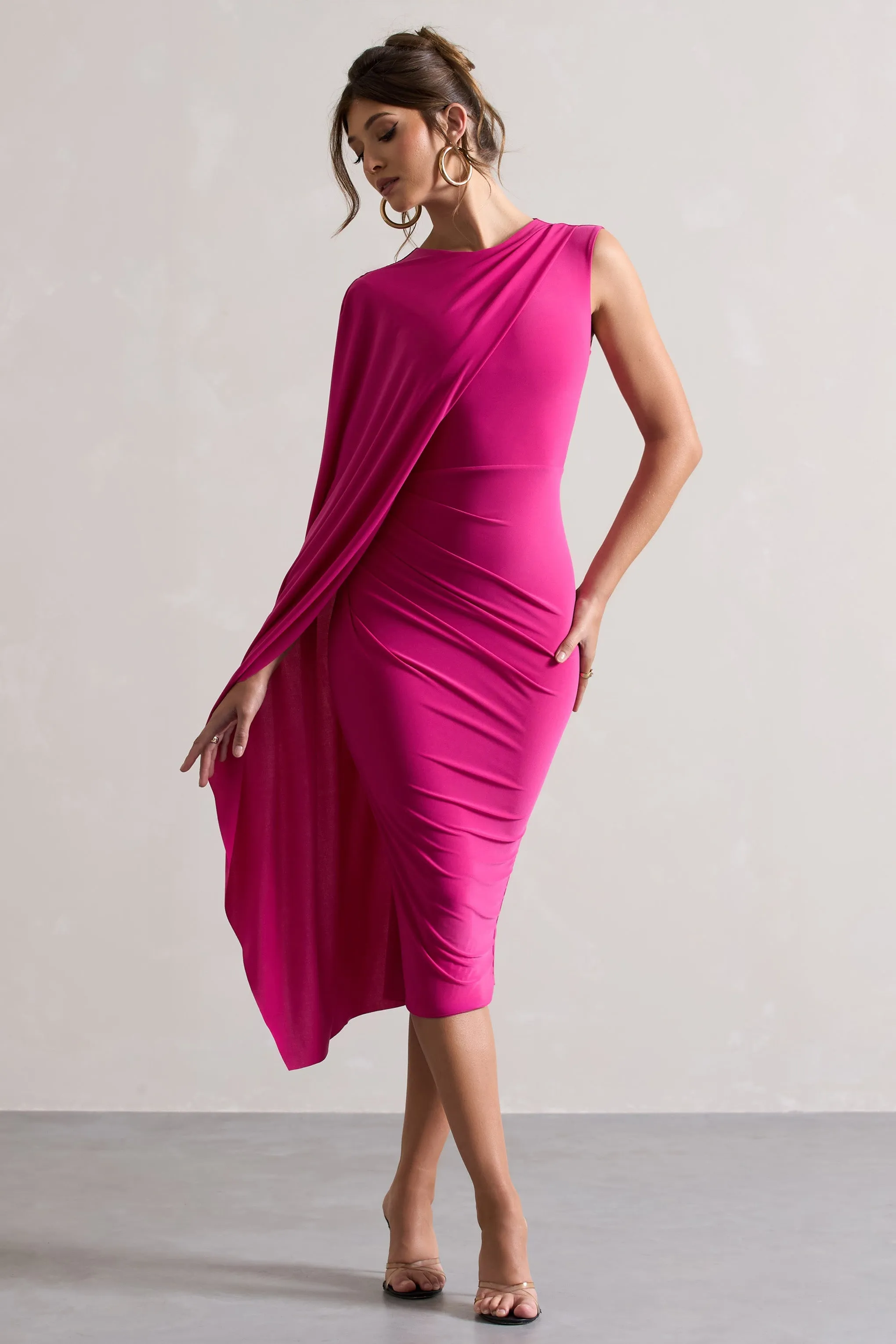 Dark Pink One Sleeve Cape Midi Dress