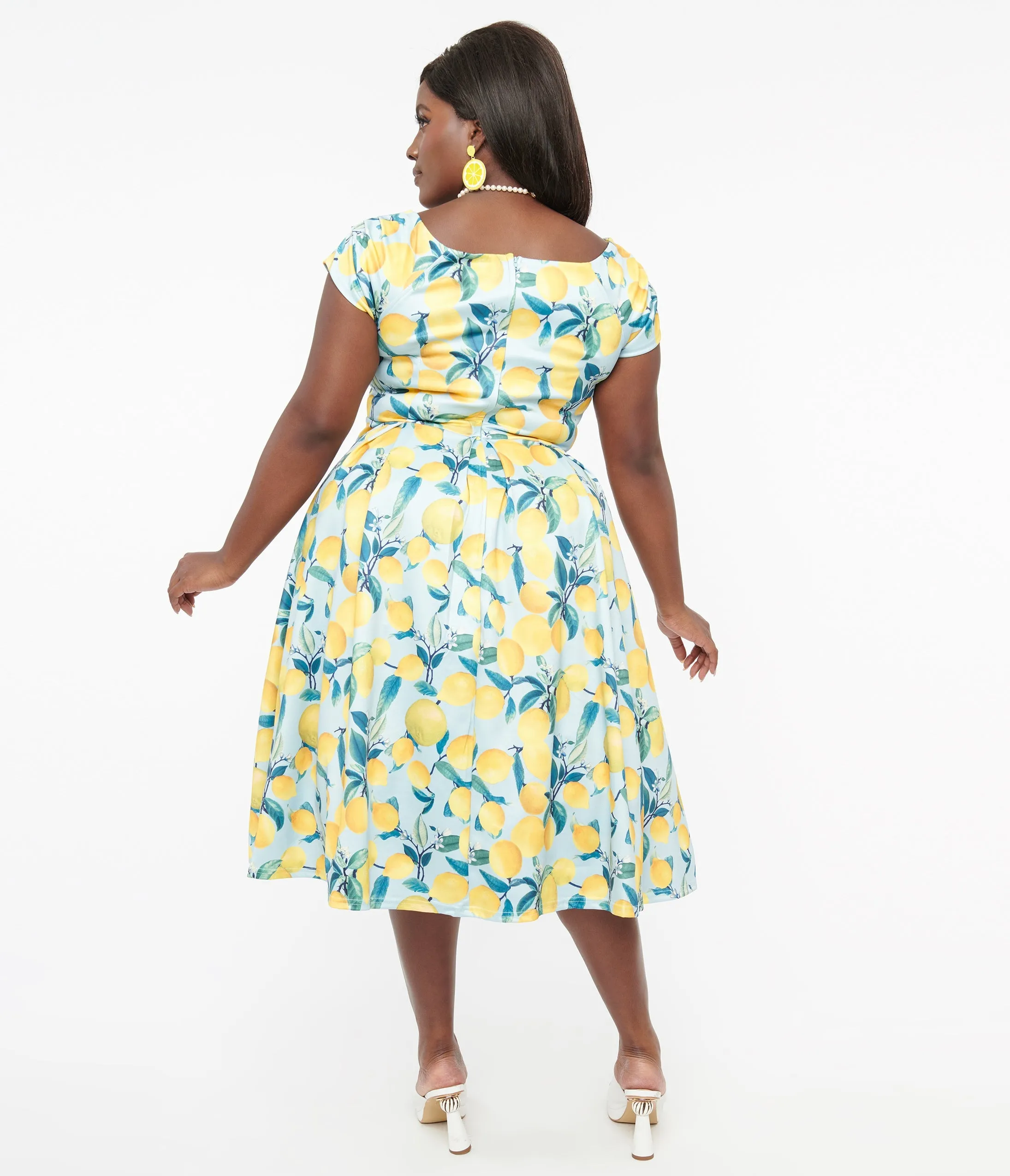 Dolly and Dotty Lemon Print Off The Shoulder 1950s Swing Dress