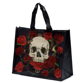 Recycled Reusable Shopping Bag with Skulls and Roses