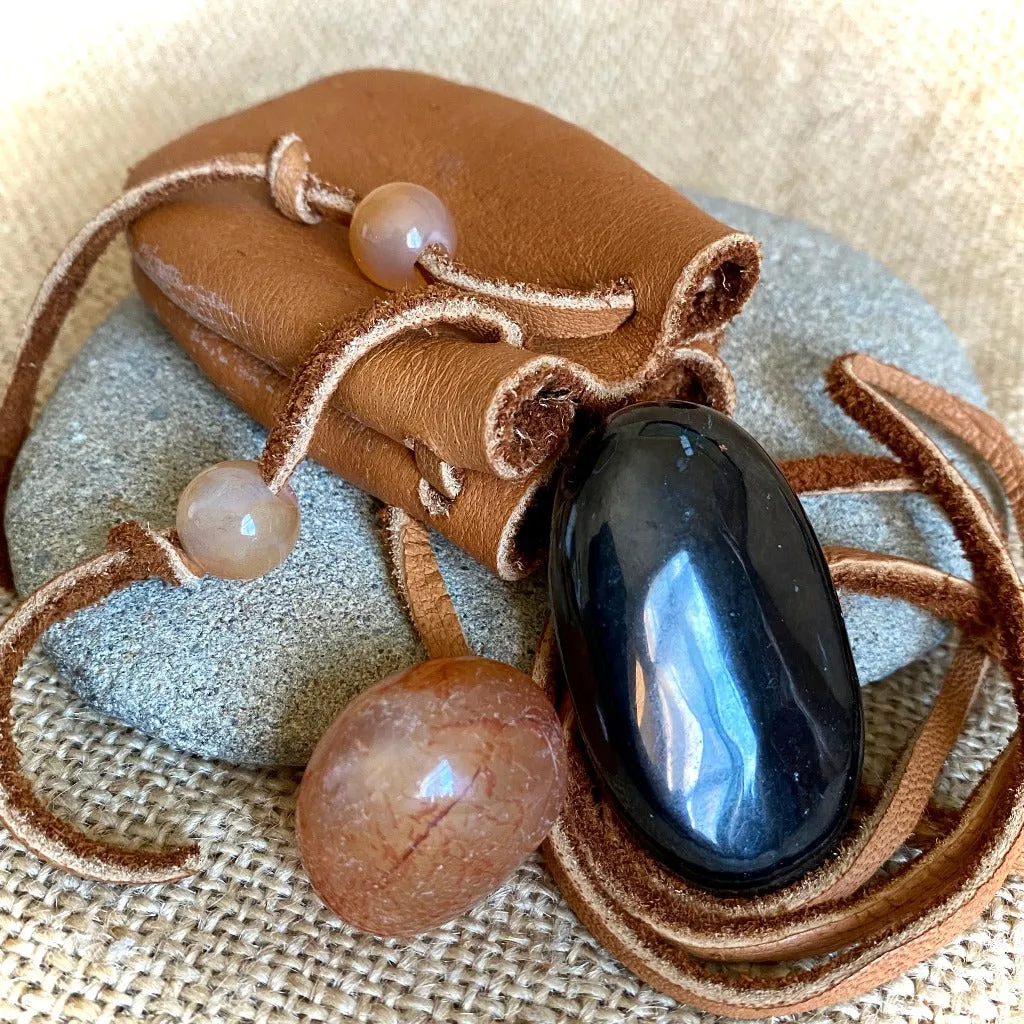 Elk Leather Neck Pouch with Shungite Palm Stone and Carnelian