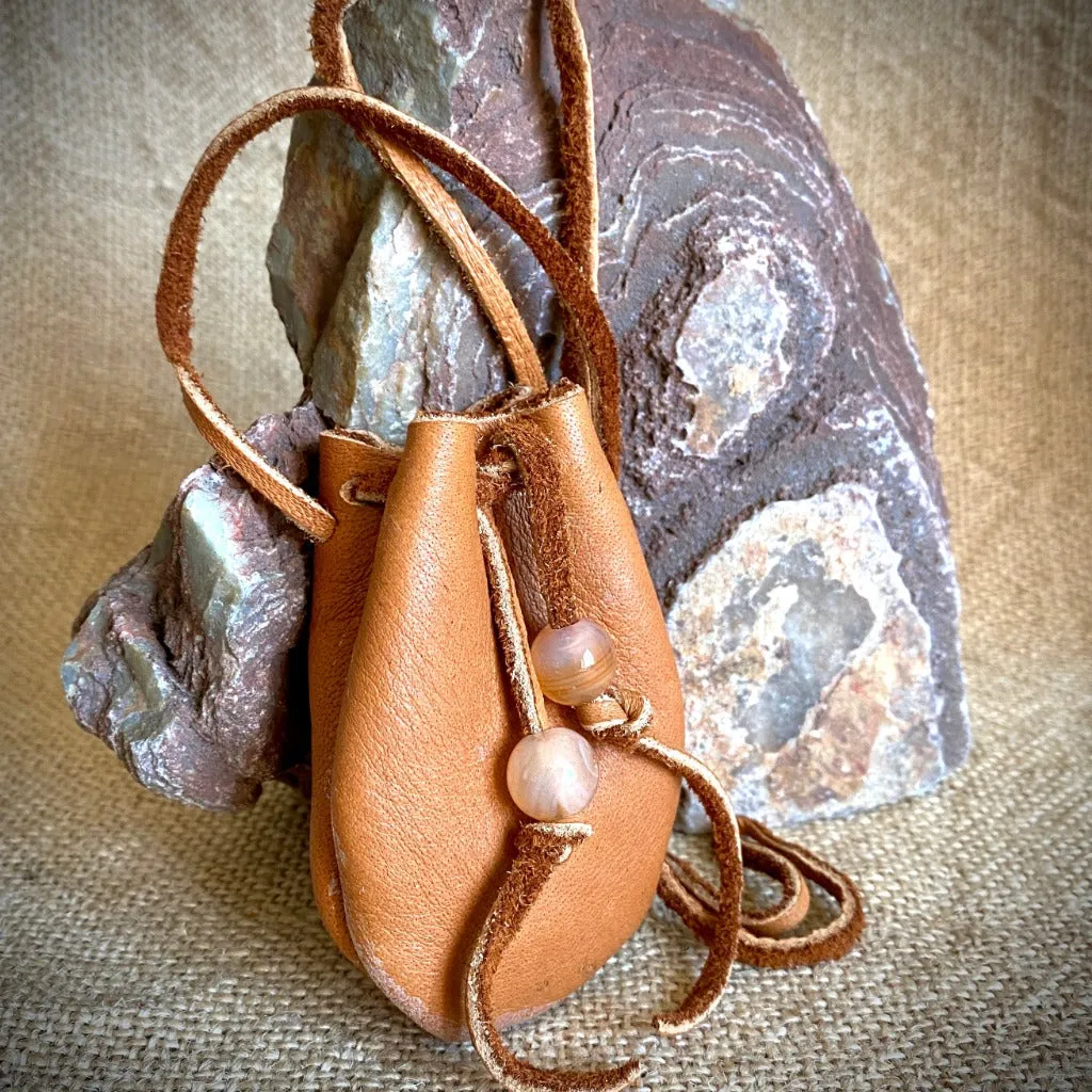 Elk Leather Neck Pouch with Shungite Palm Stone and Carnelian