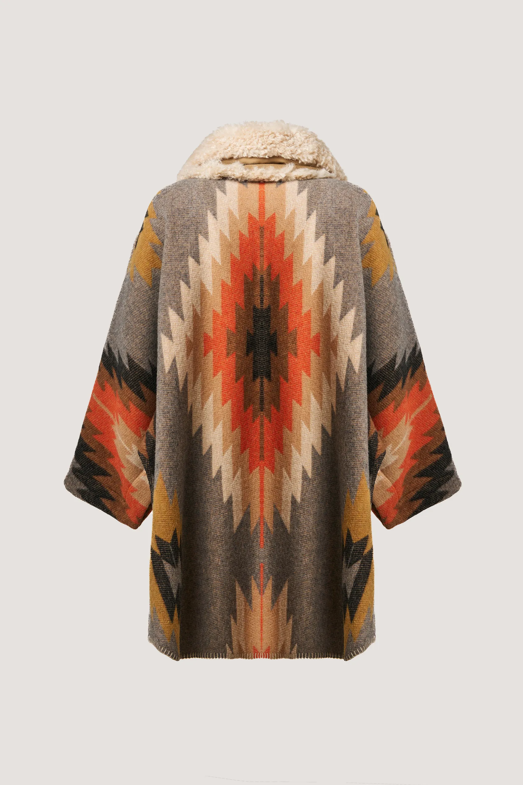 Ethnic Wool Cape with Detachable Fur Collar