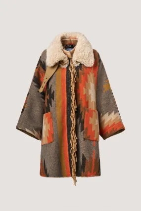 Ethnic Wool Cape with Detachable Fur Collar