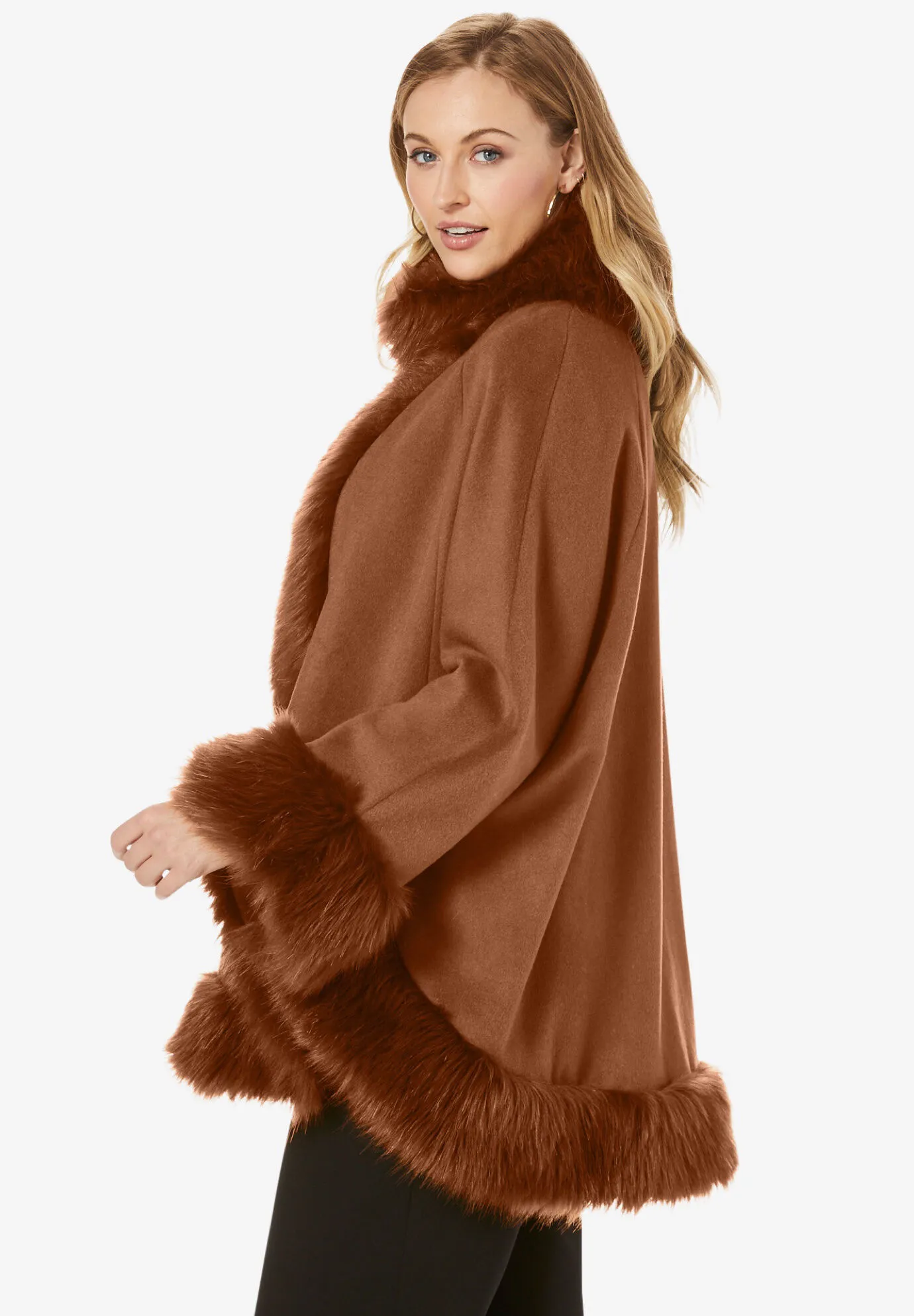 Faux Fur Trim Wool Cape