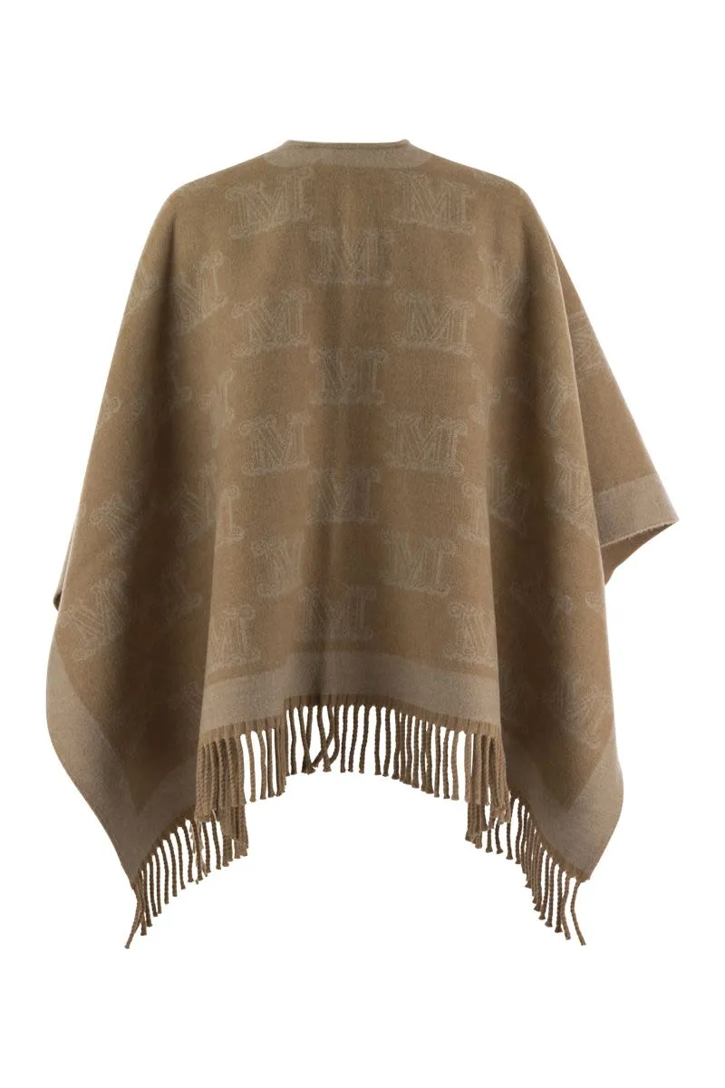 Fringe Wool Cape with Fringes and Brooch Pin