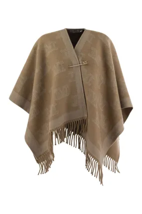 Fringe Wool Cape with Fringes and Brooch Pin