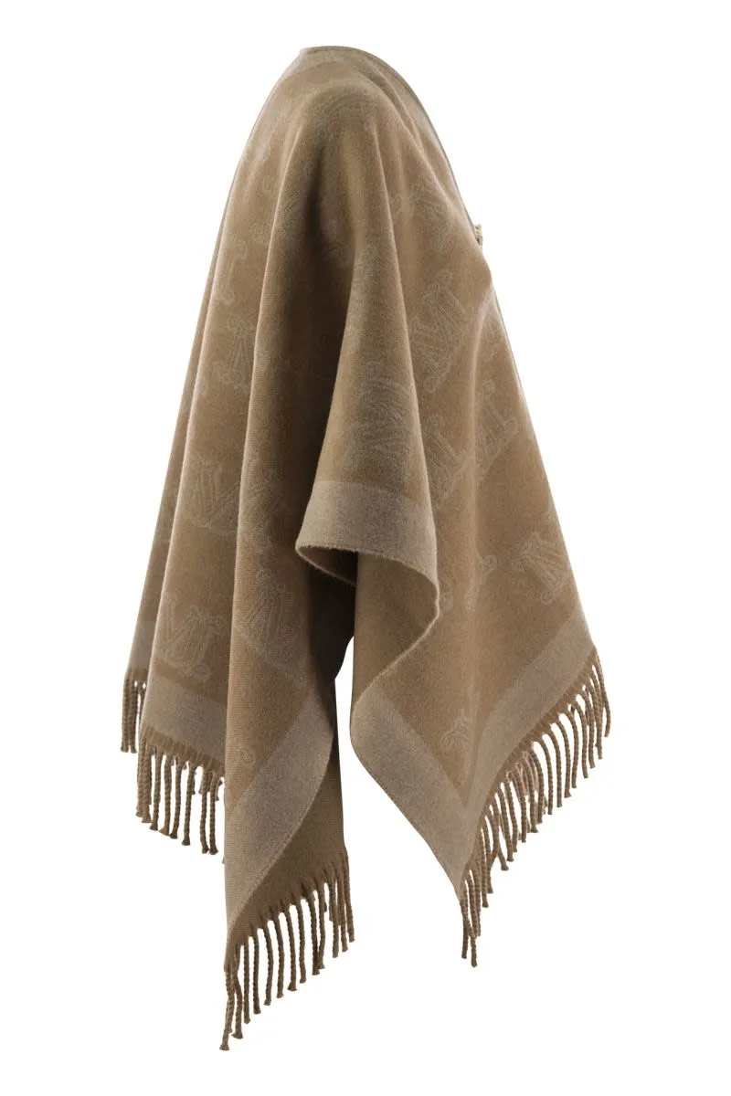 Fringe Wool Cape with Fringes and Brooch Pin