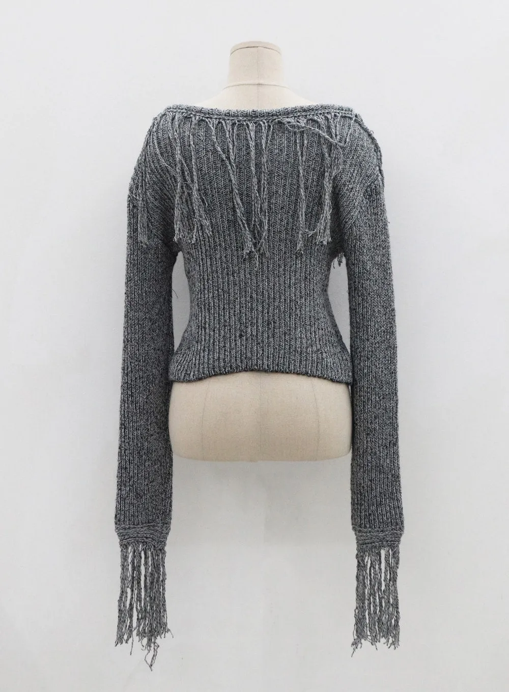 Long Sleeve Knit Top with Fringed Collin Design