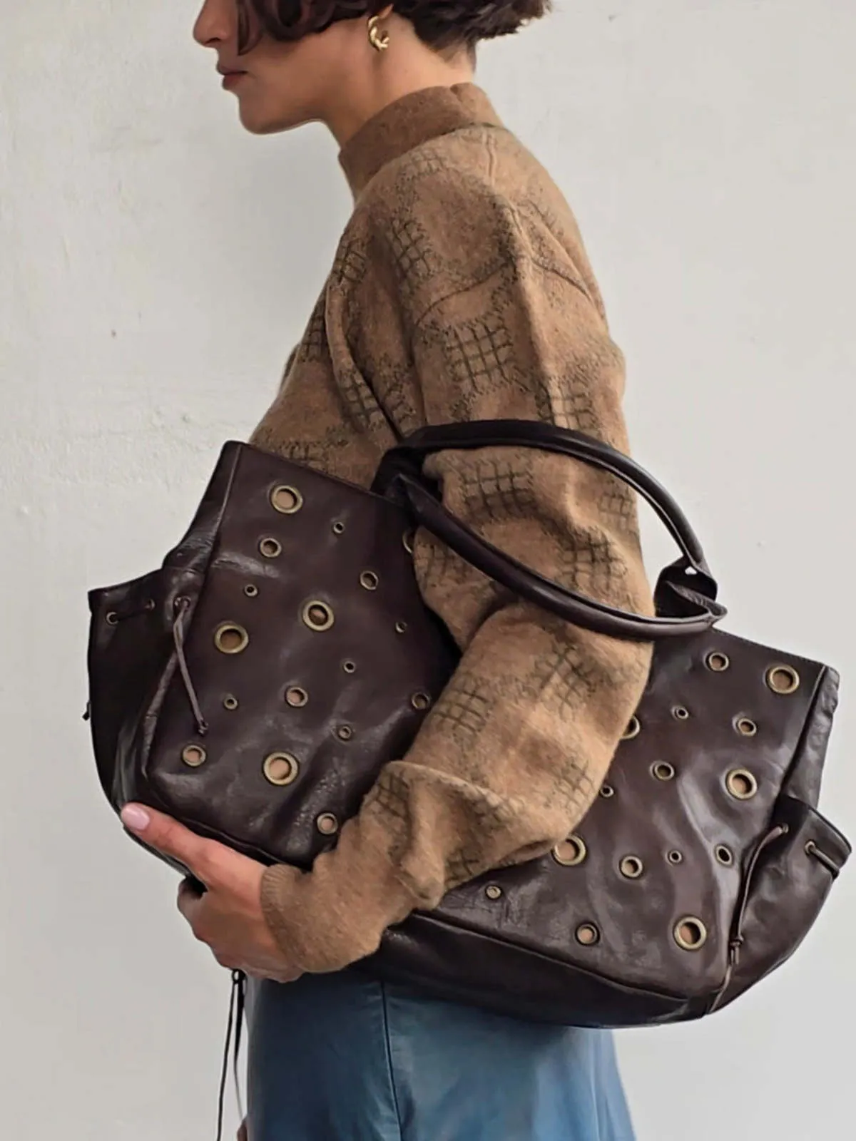 Dark Brown Leather Grommet Satchel Bag