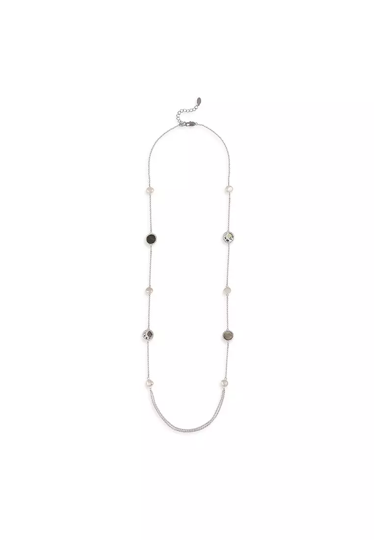 Grossé Grosse' Medallion: platinum plating, black mother of pearl, fresh water pearl, rhinestone necklace GJ25198P