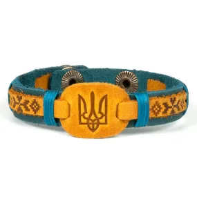 Blue and Yellow Tryzub Leather Bracelet