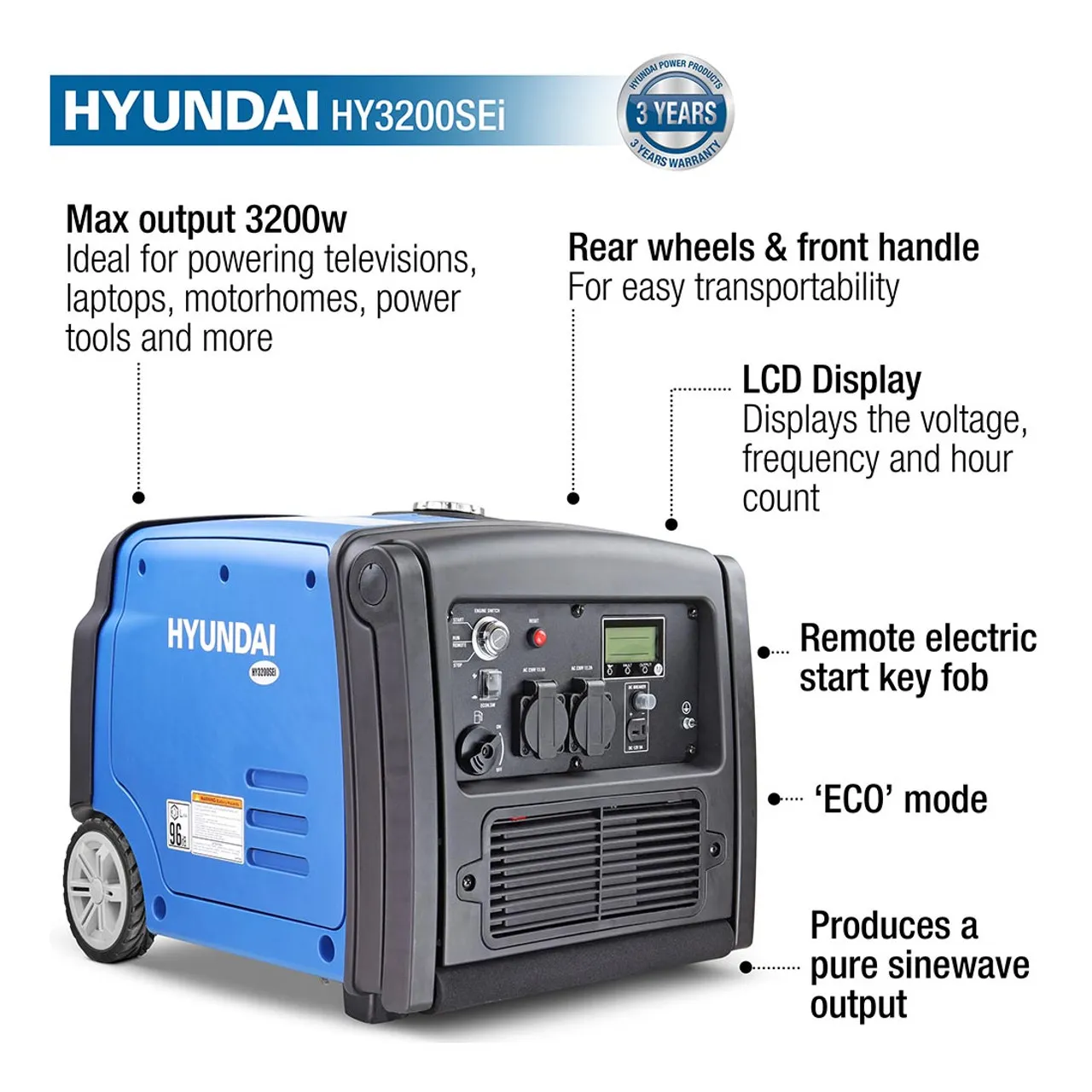 Hyundai HY3200SEi 4-Stroke Petrol Portable Inverter Generator 3200W 230V