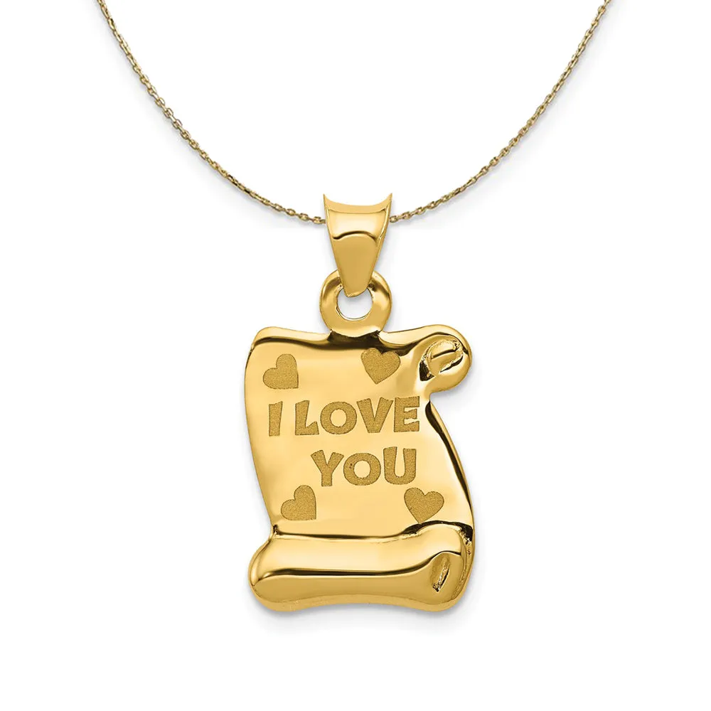 Yellow Gold I LOVE YOU Scroll Page Necklace