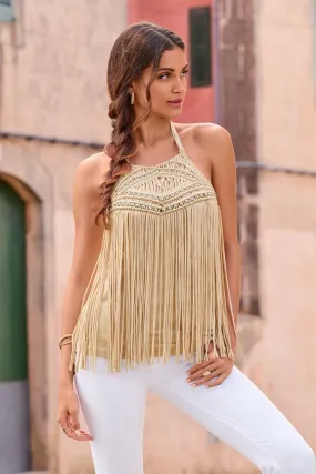 Tan Knit Top with Beaded Macrame Detail