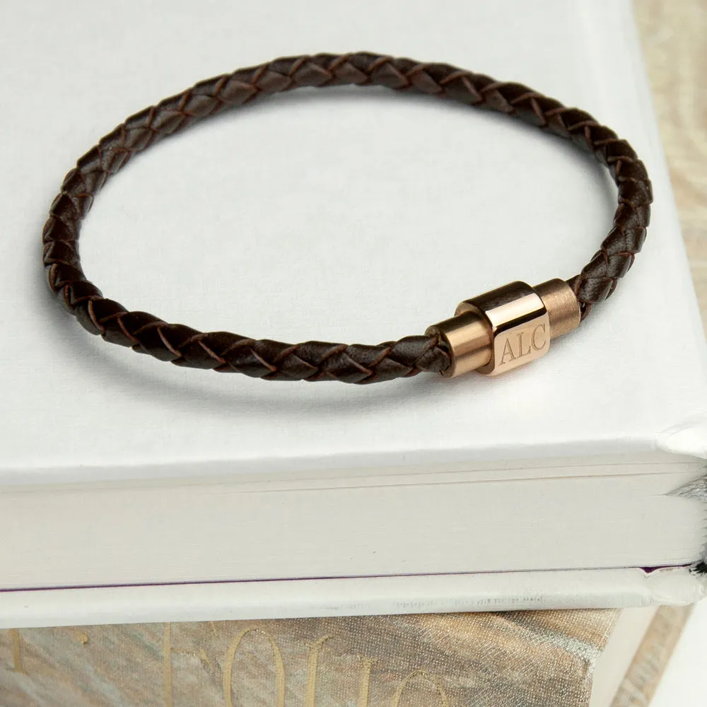 Woven Leather Bracelet for Men with Rose Gold Clasp, Personalised