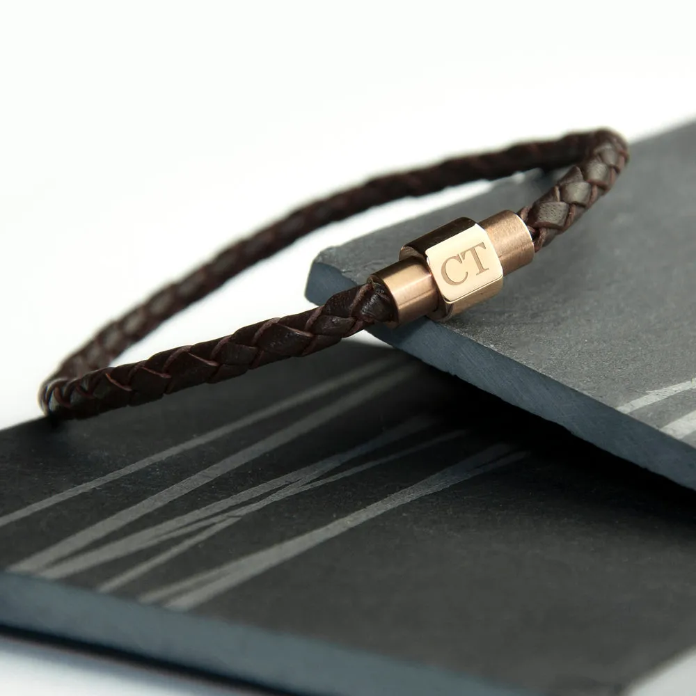 Woven Leather Bracelet for Men with Rose Gold Clasp, Personalised