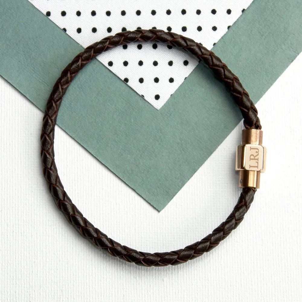 Woven Leather Bracelet for Men with Rose Gold Clasp, Personalised