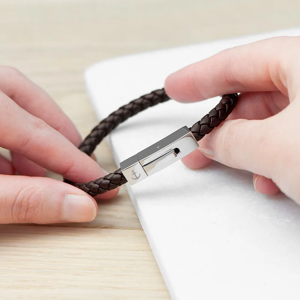 Tube Clasp Leather Anchor Bracelet for Men, Personalised