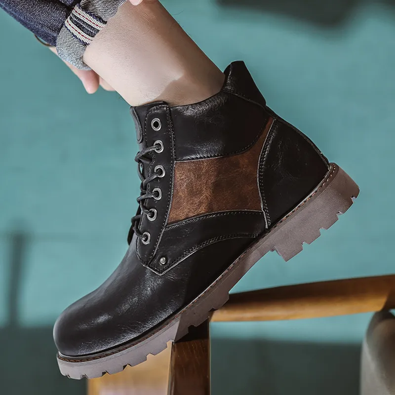 Men's Waterproof Wear-resistant Spliced ​​lace-up Side Zipper Low-cut Work Boots 
