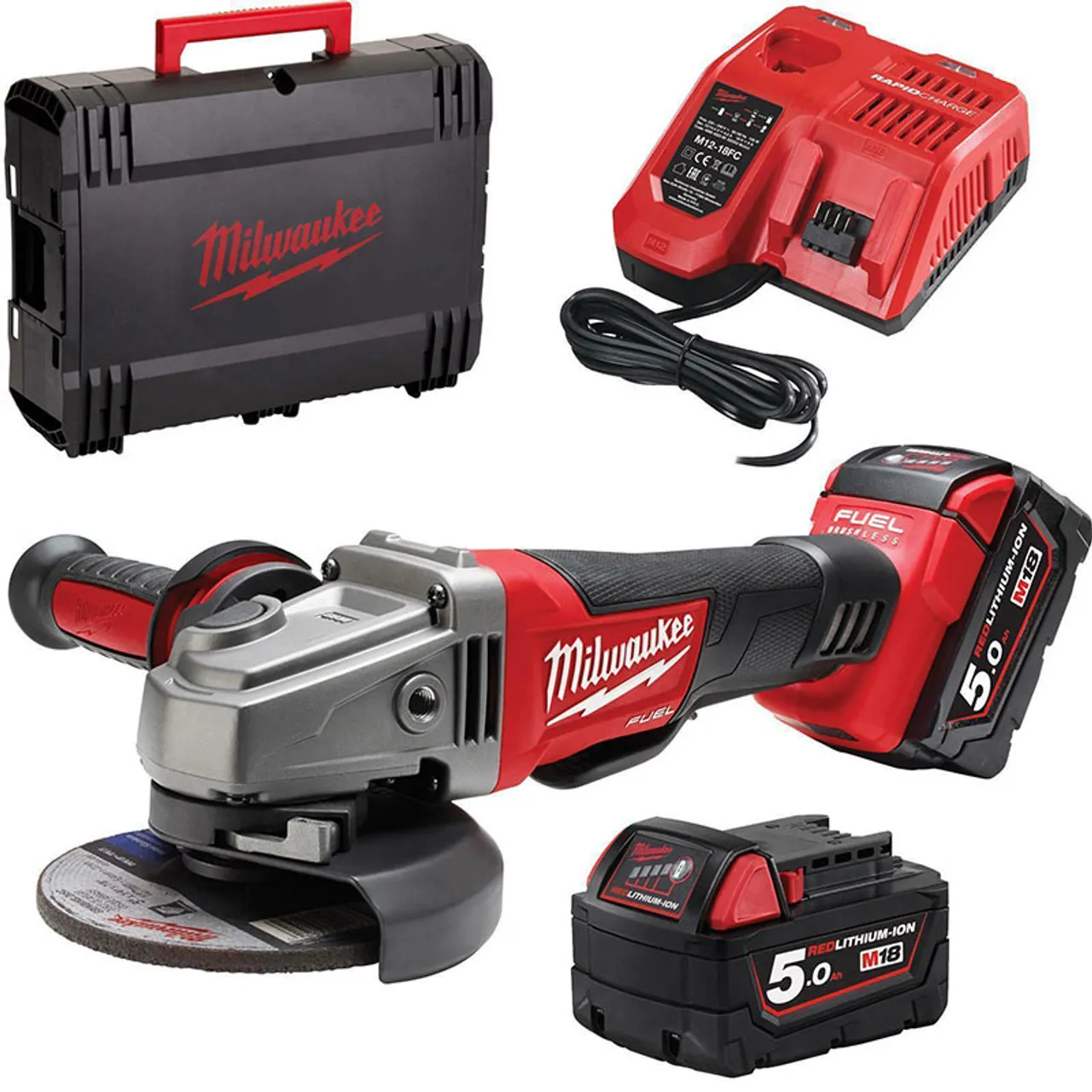 Milwaukee M18CAG 115XPDB-502X Fuel 18V 115mm Brushless Angle Grinder with 2x 5.0Ah Batteries