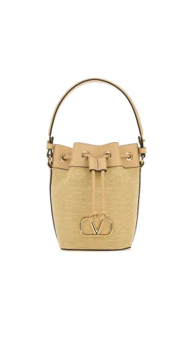 Natural Raffia and Calfskin Mini Vlogo Signature Bucket Bag