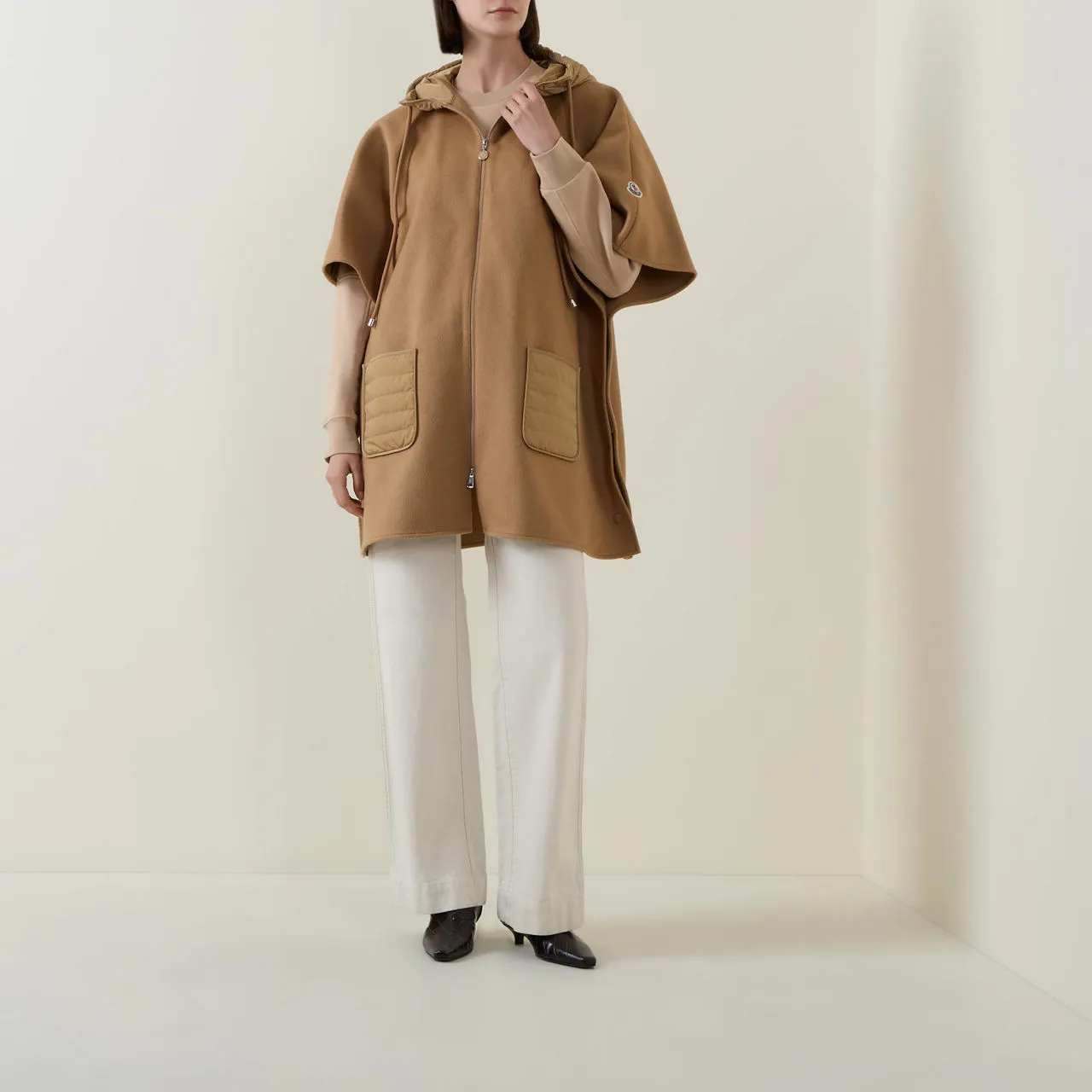 MONCLER Zip-Up Wool Cape - Camel