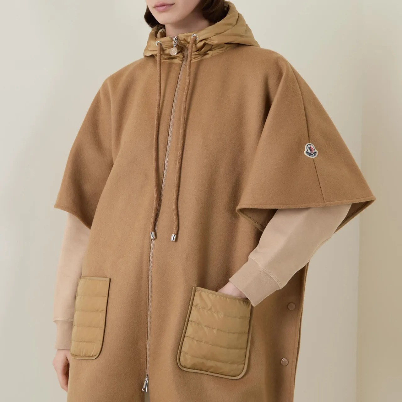 MONCLER Zip-Up Wool Cape - Camel