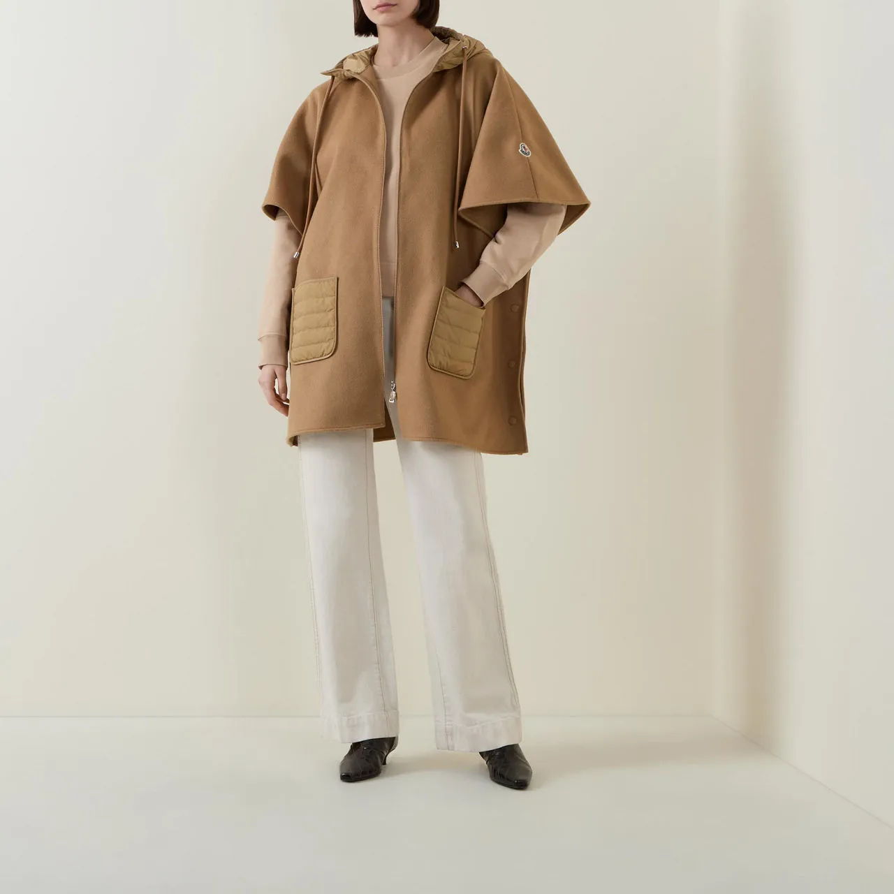 MONCLER Zip-Up Wool Cape - Camel