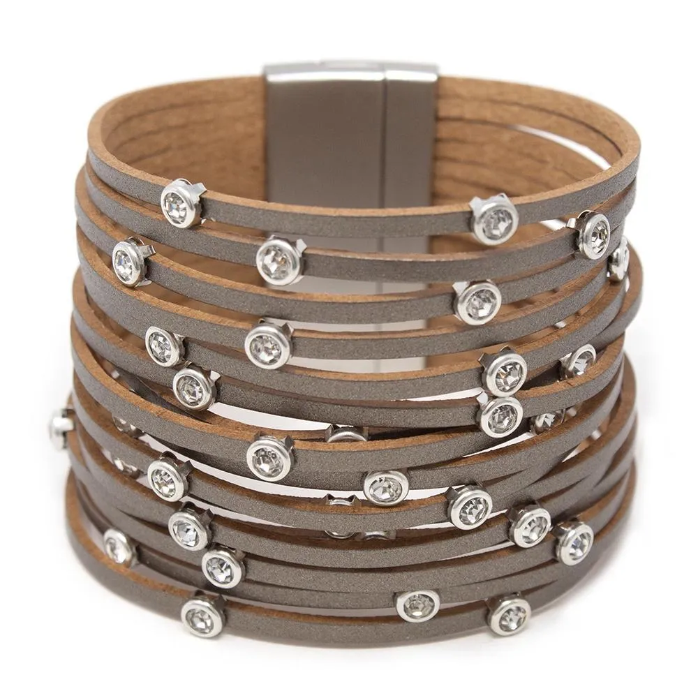 Gray Multi Row Leather Bracelet With Round Crystals