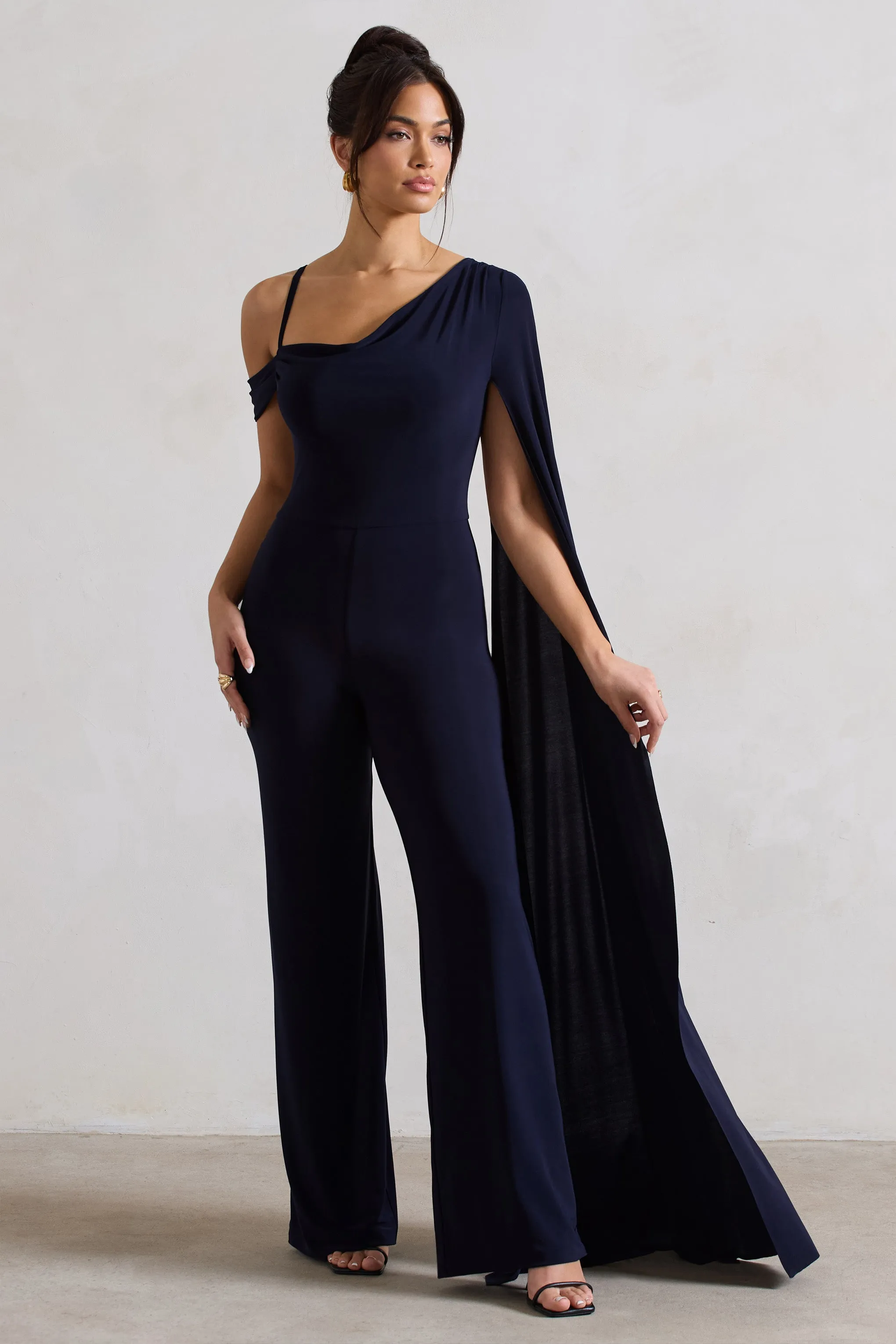 Navy Asymmetric Draped Straight Leg Jumpsuit With Cape Sleeve