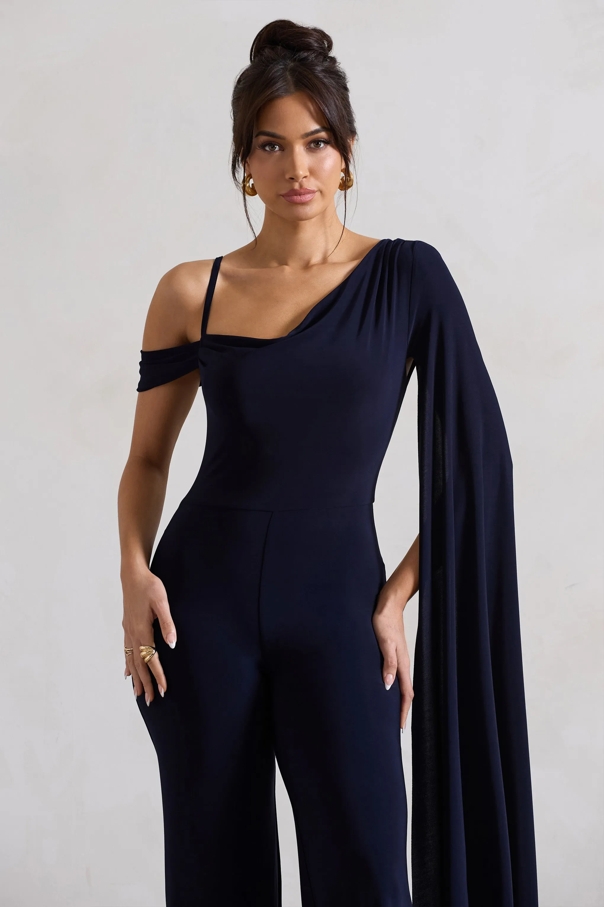 Navy Asymmetric Draped Straight Leg Jumpsuit With Cape Sleeve