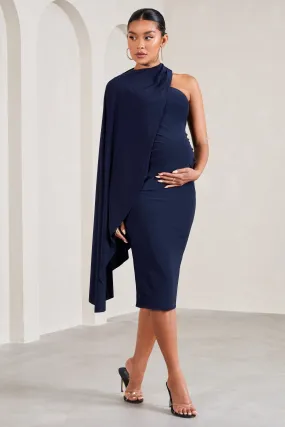 Navy Maternity Midi Dress with Asymmetric Design and Cape