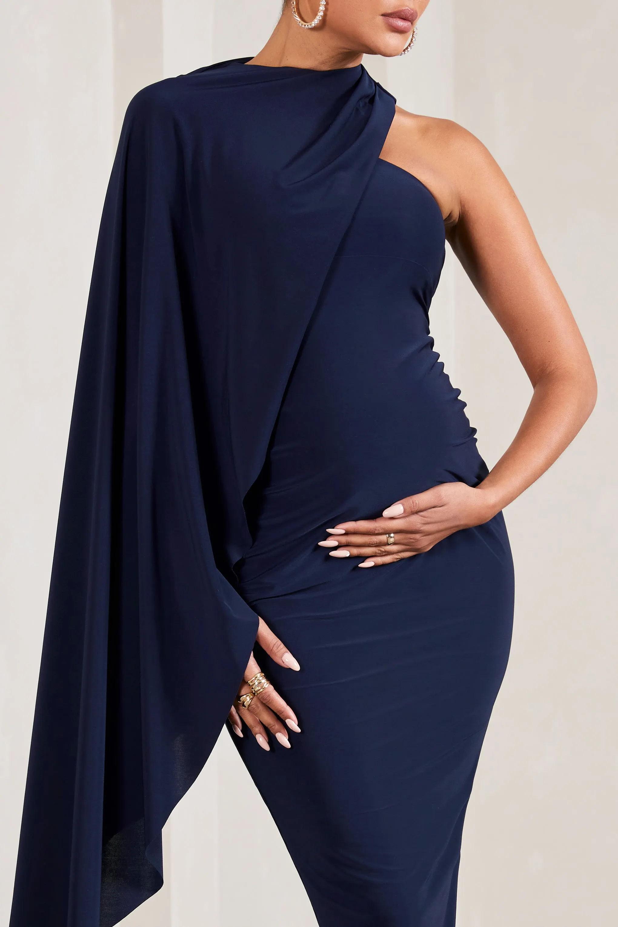 Navy Maternity Midi Dress with Asymmetric Design and Cape