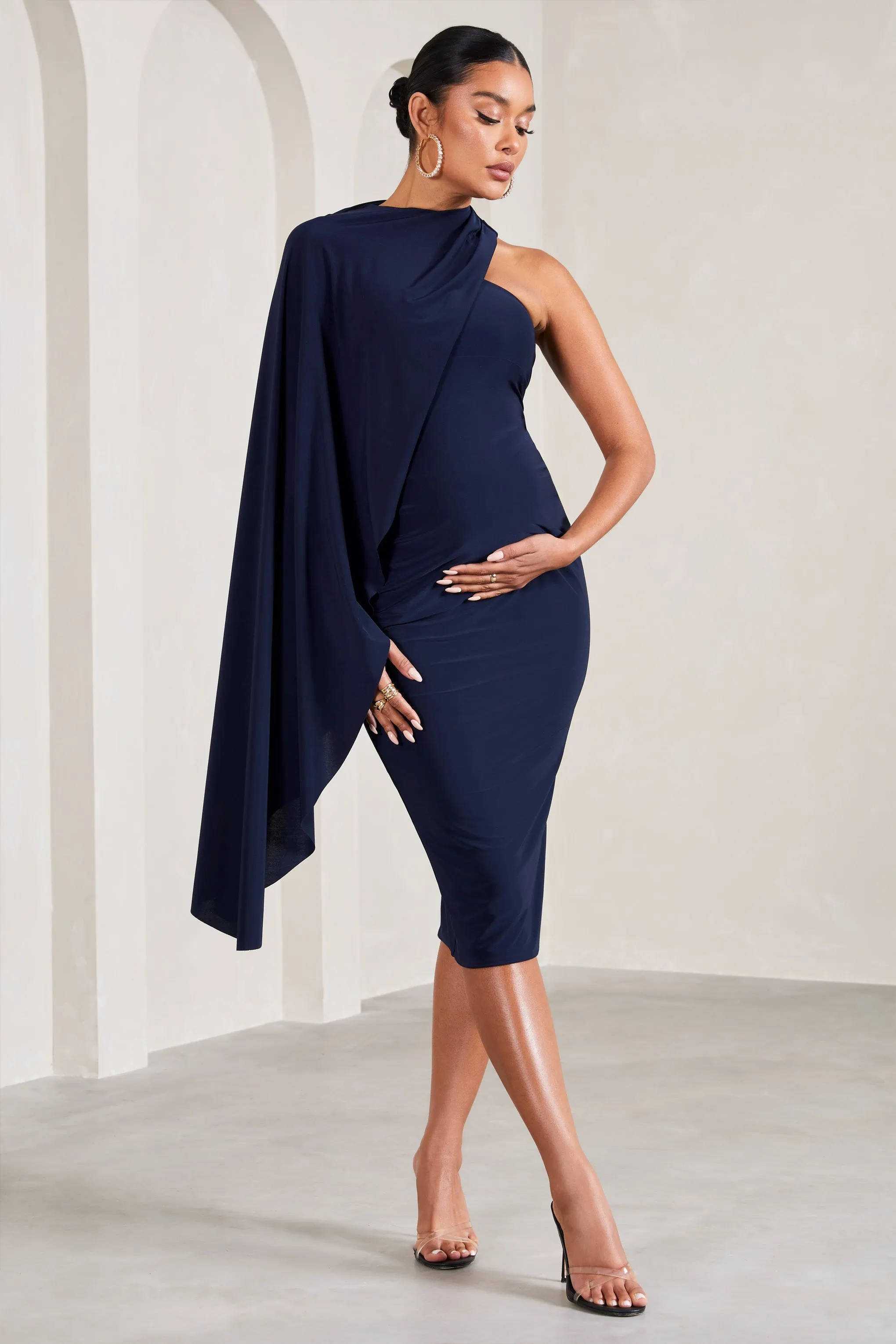 Navy Maternity Midi Dress with Asymmetric Design and Cape