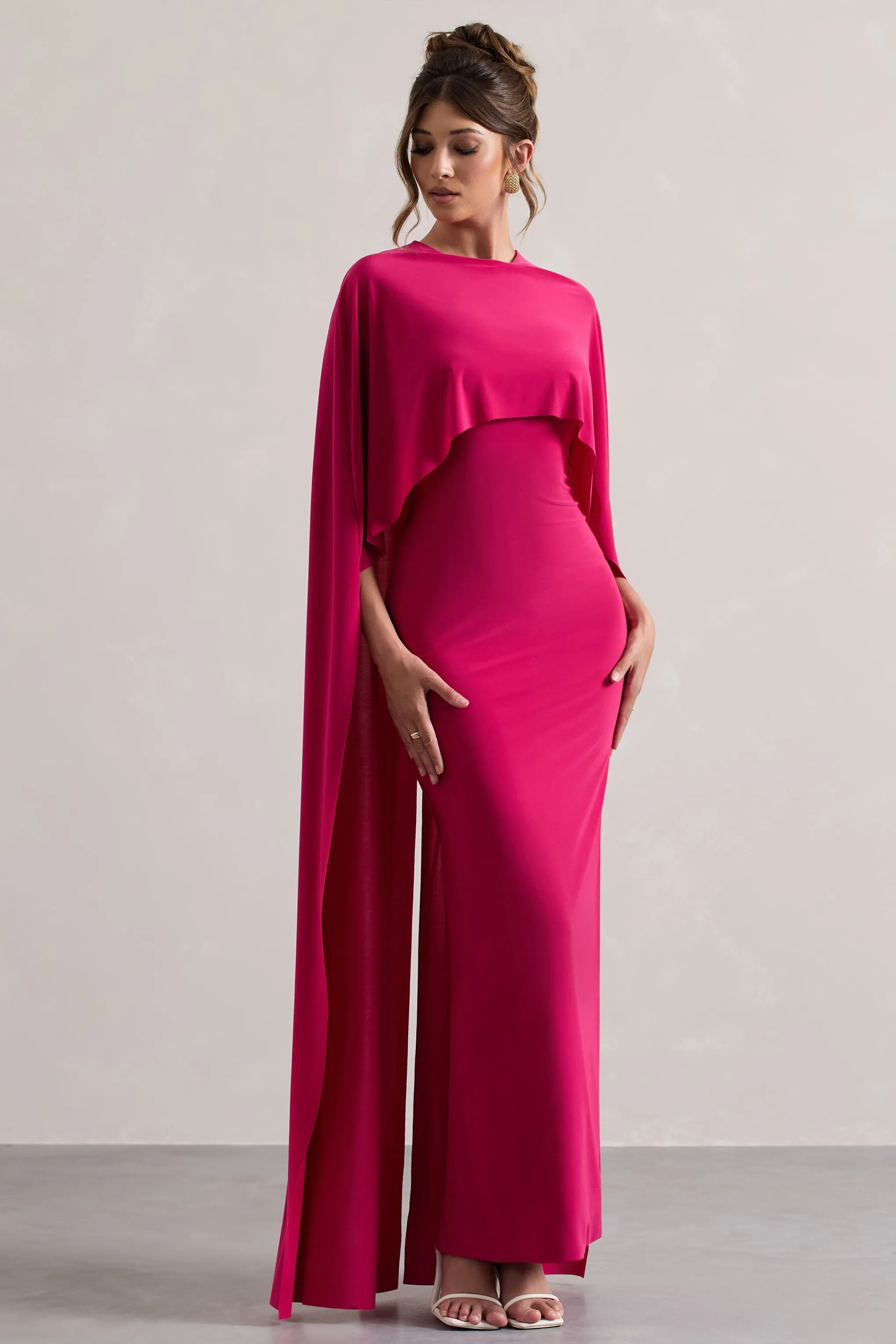 Pink Draped Maxi Dress With Cape Sleeves