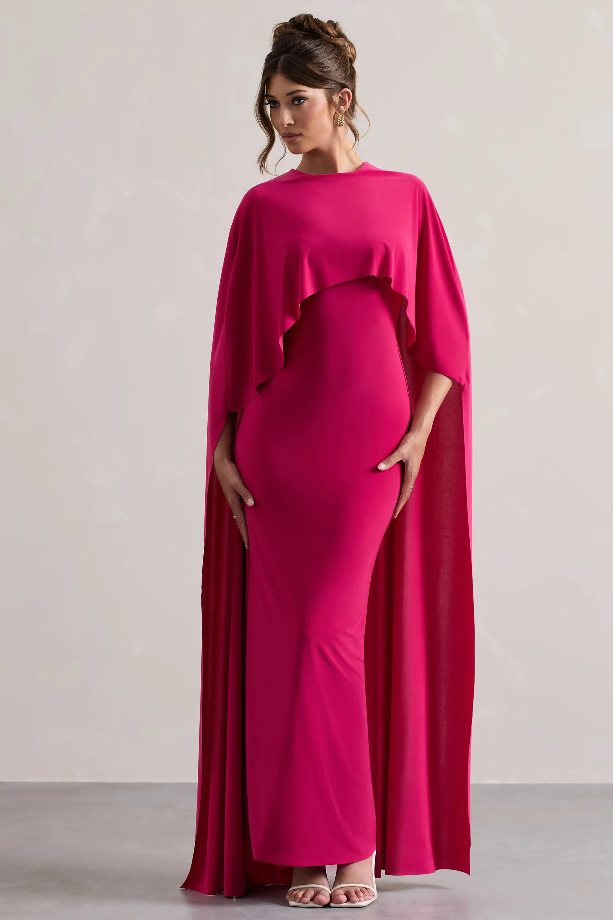 Pink Draped Maxi Dress With Cape Sleeves