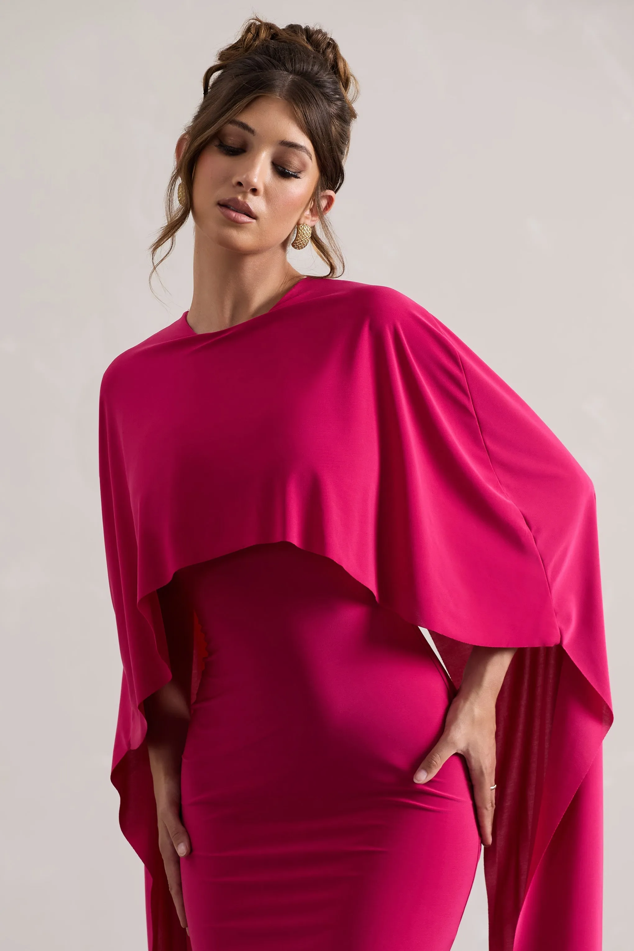 Pink Draped Maxi Dress With Cape Sleeves