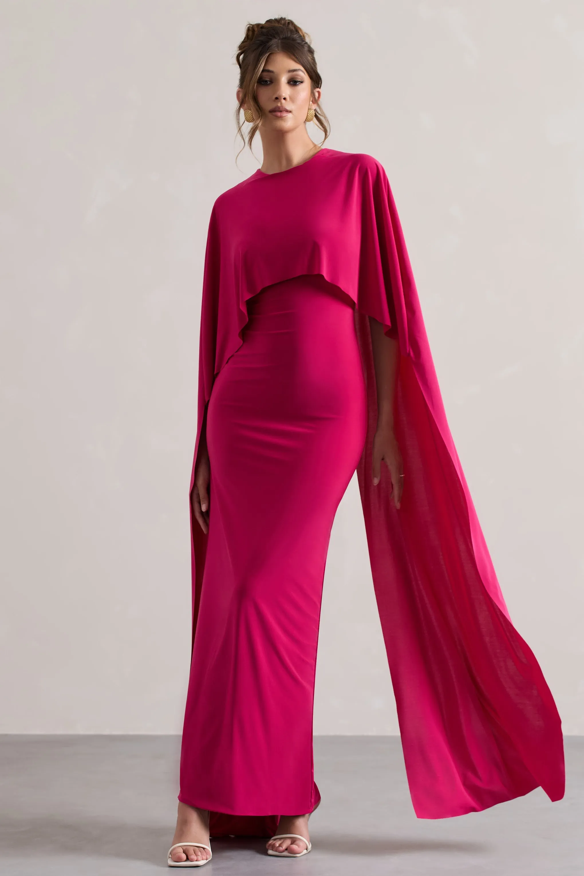 Pink Draped Maxi Dress With Cape Sleeves