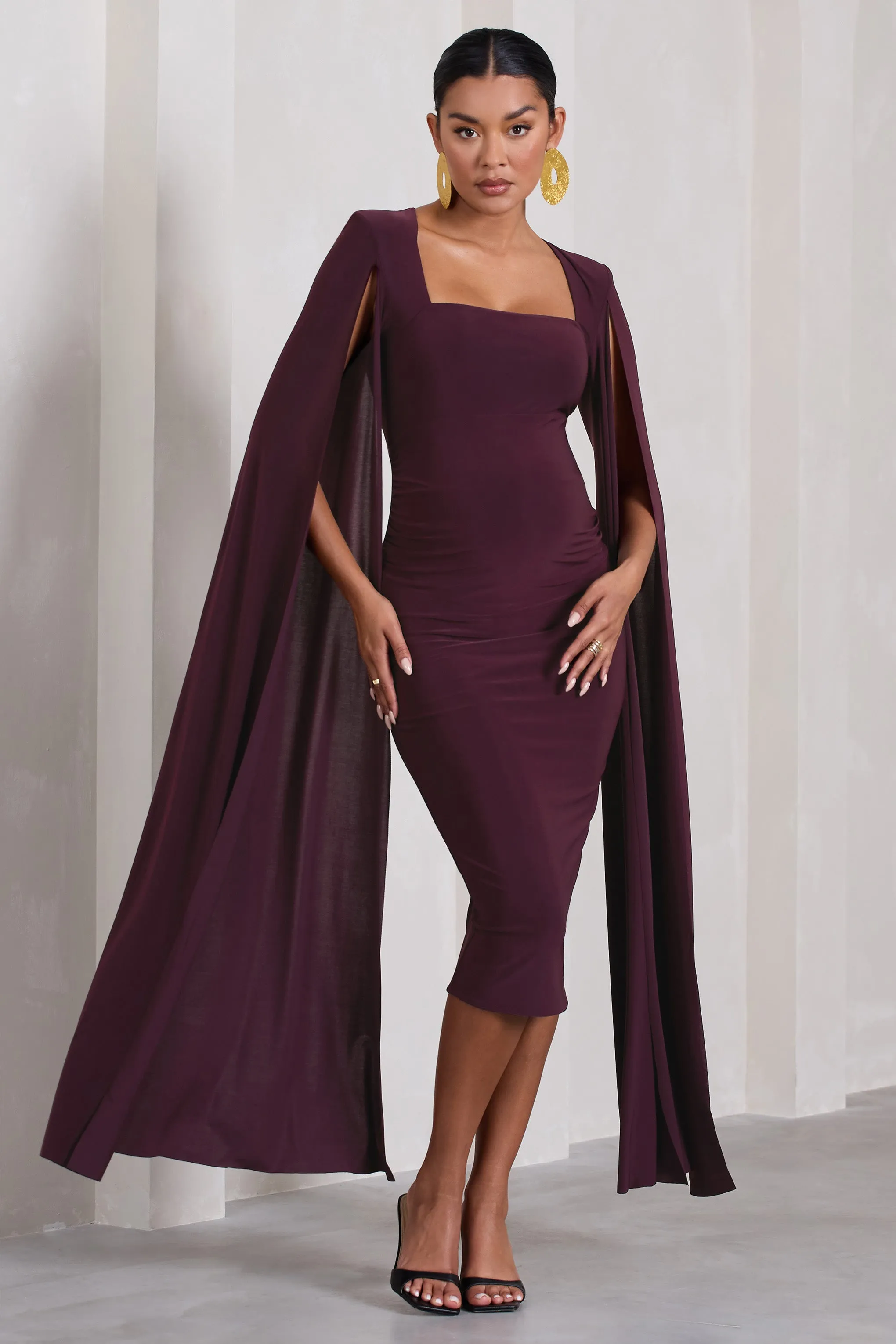 Plum Maternity Square Neck Midi Dress With Cape Sleeves