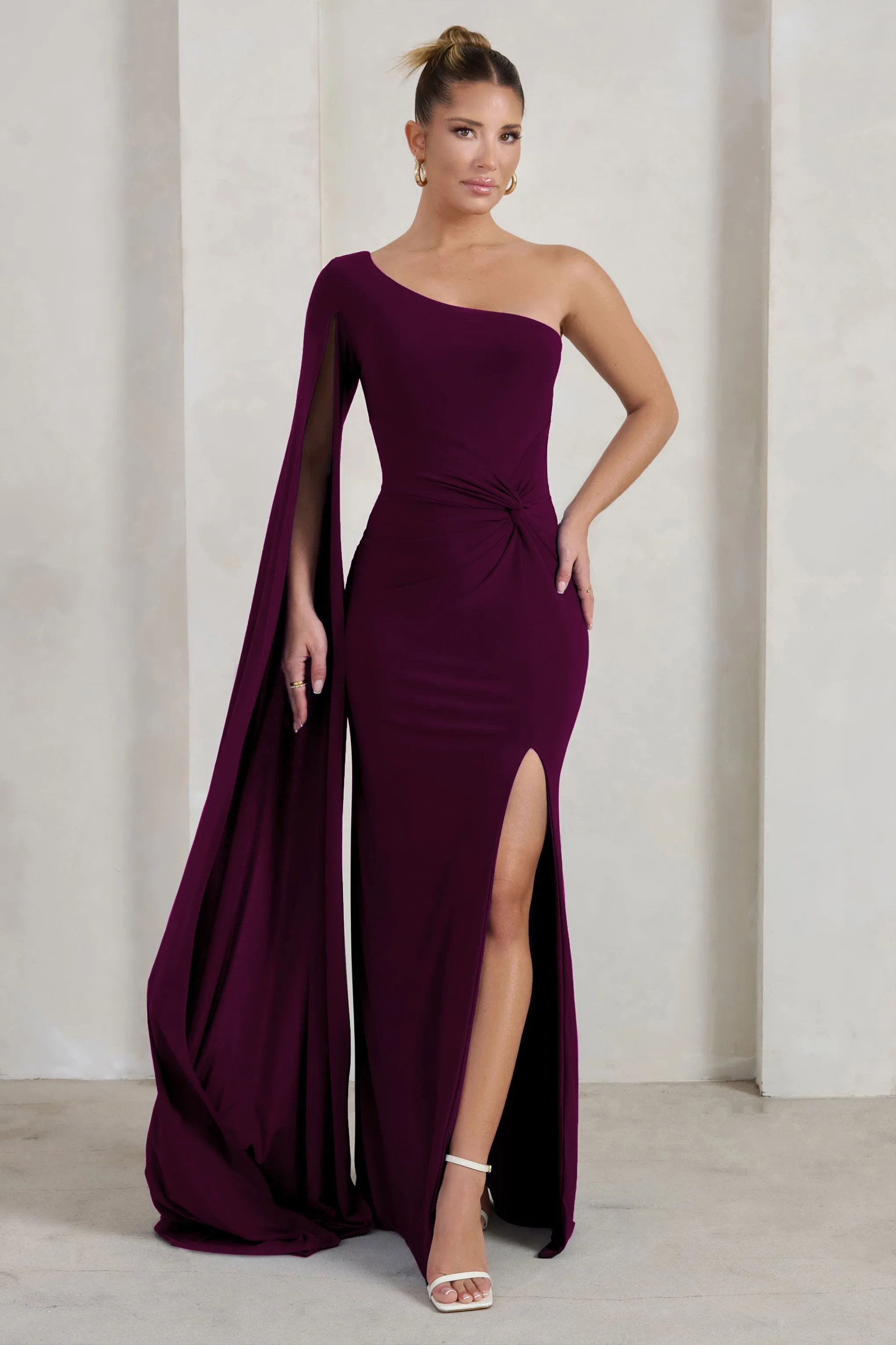 Plum Maxi Dress with Twist Design and One Shoulder