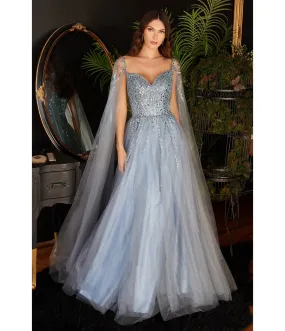 Smoky Blue Sequin Embellished Cape Sleeve Prom Dress by Cinderella Divine