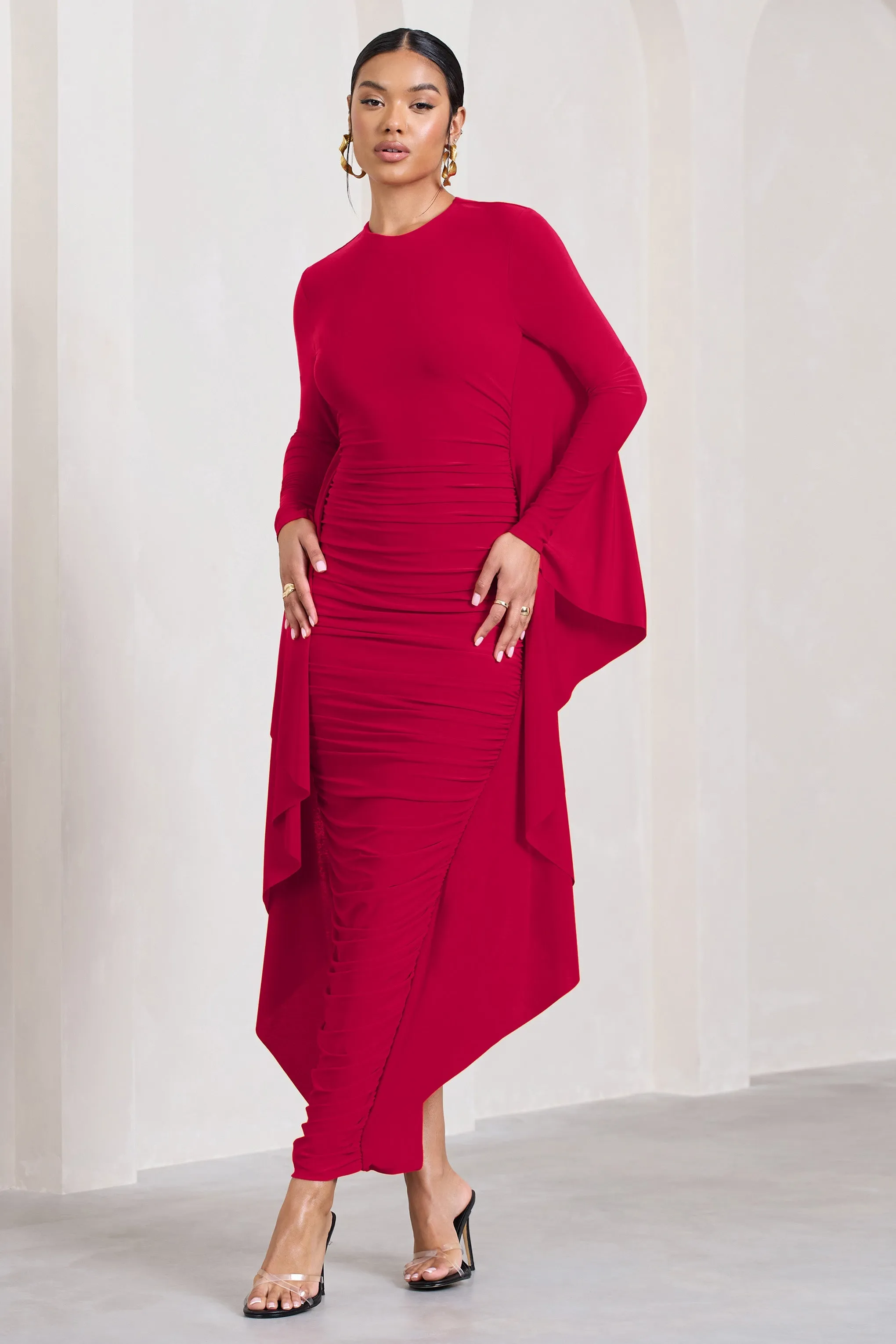 Red Maxi Dress with Long Sleeves, Ruched Design, and Cape Detailing