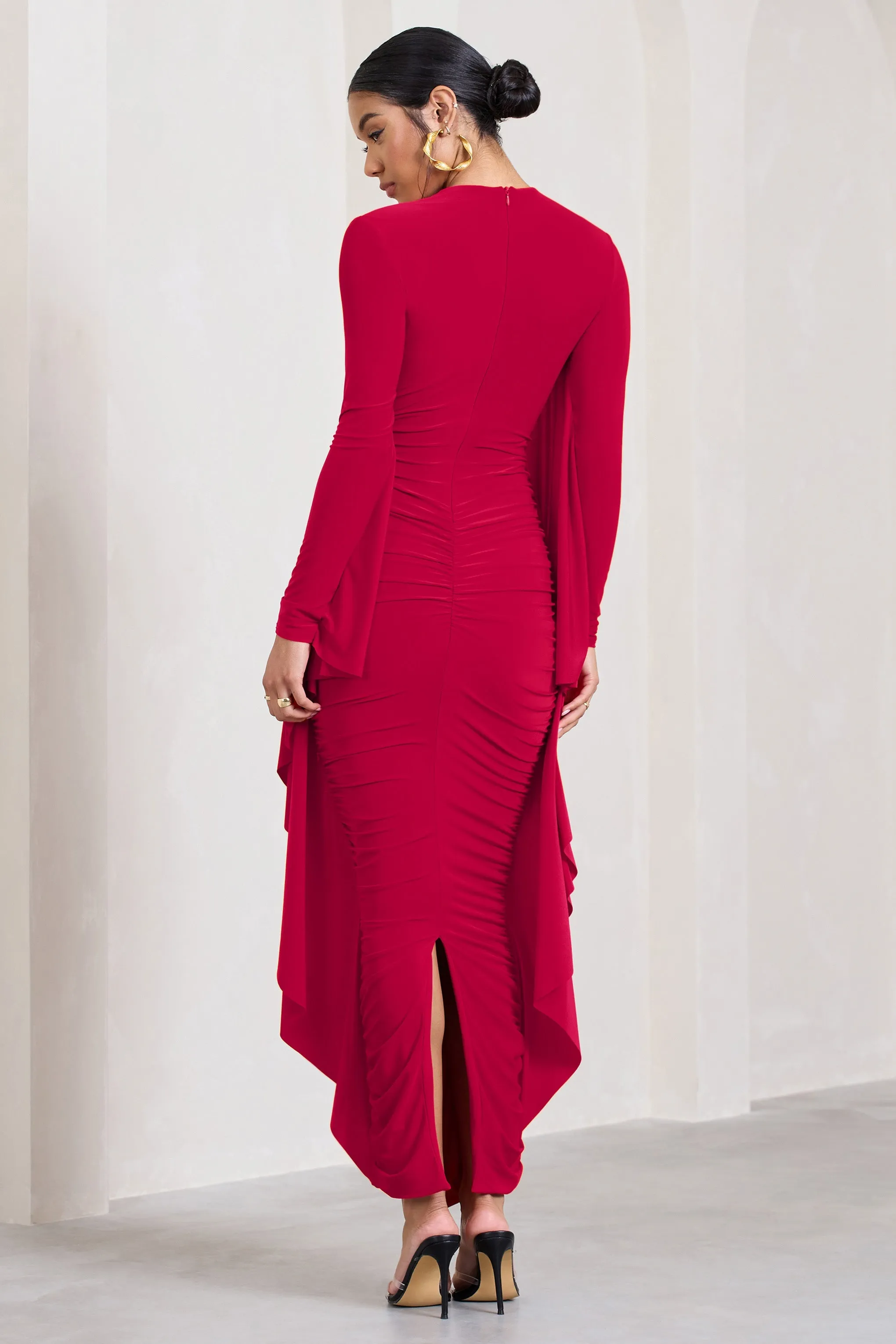 Red Maxi Dress with Long Sleeves, Ruched Design, and Cape Detailing