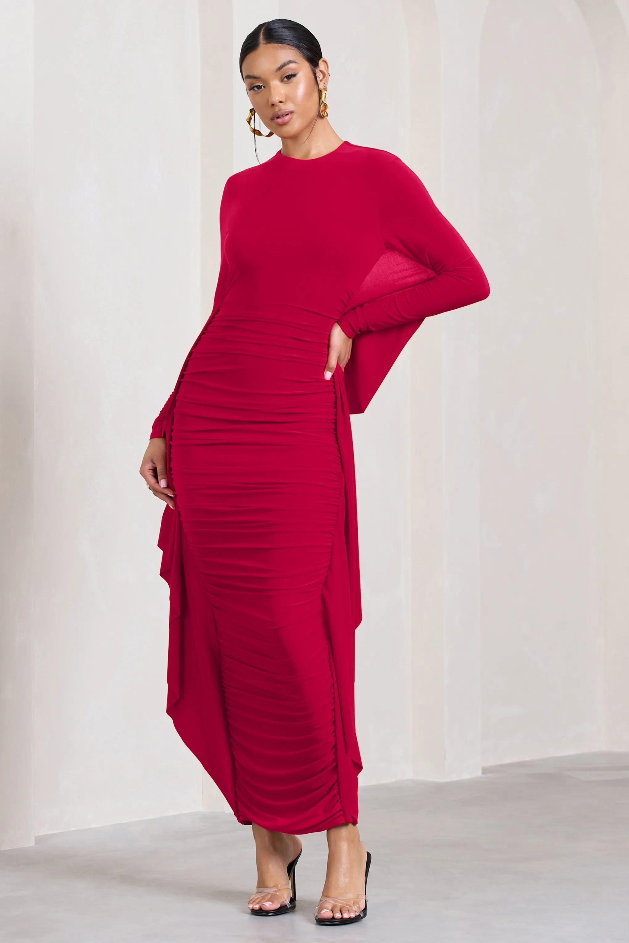 Red Maxi Dress with Long Sleeves, Ruched Design, and Cape Detailing