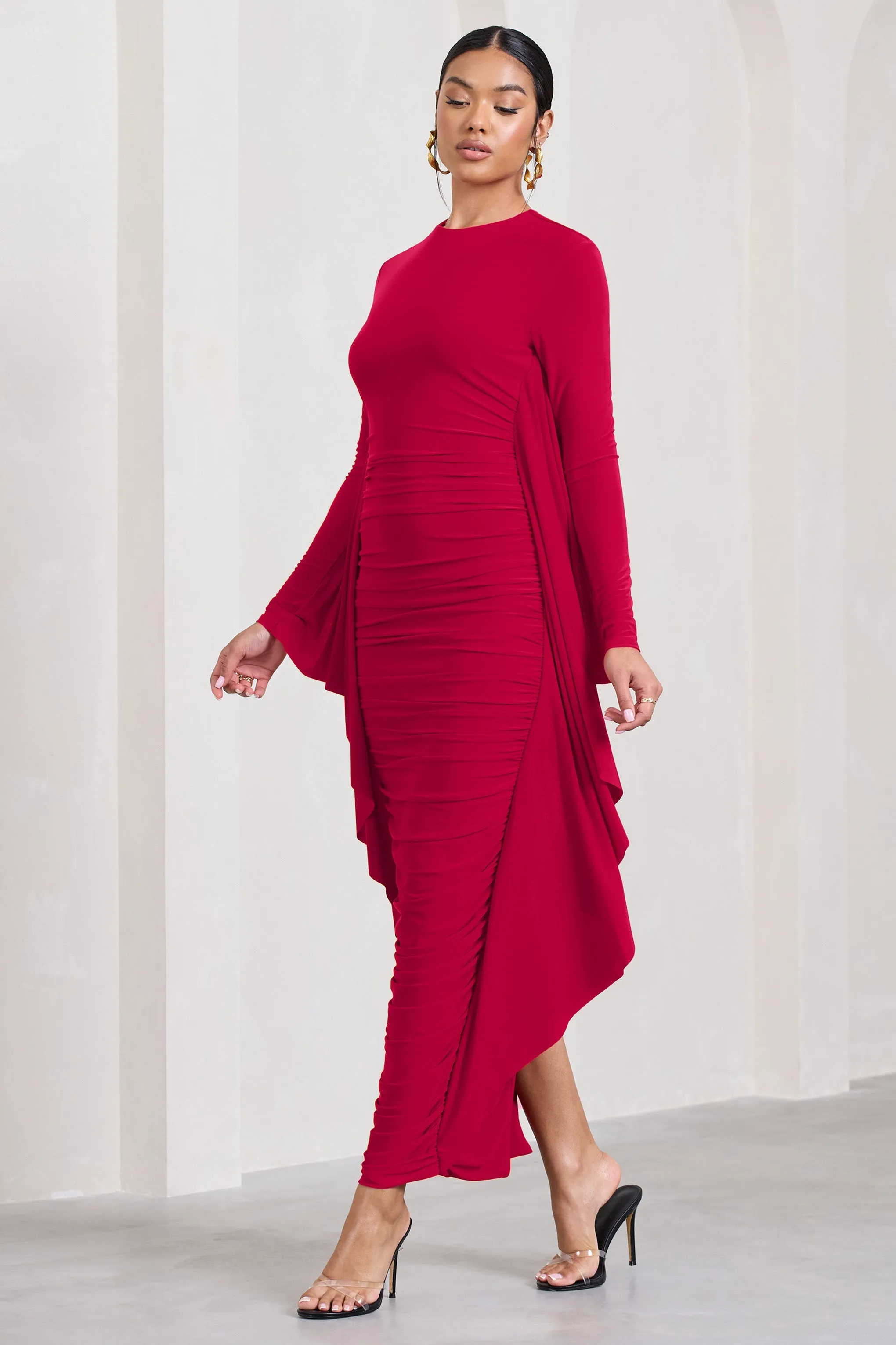 Red Maxi Dress with Long Sleeves, Ruched Design, and Cape Detailing