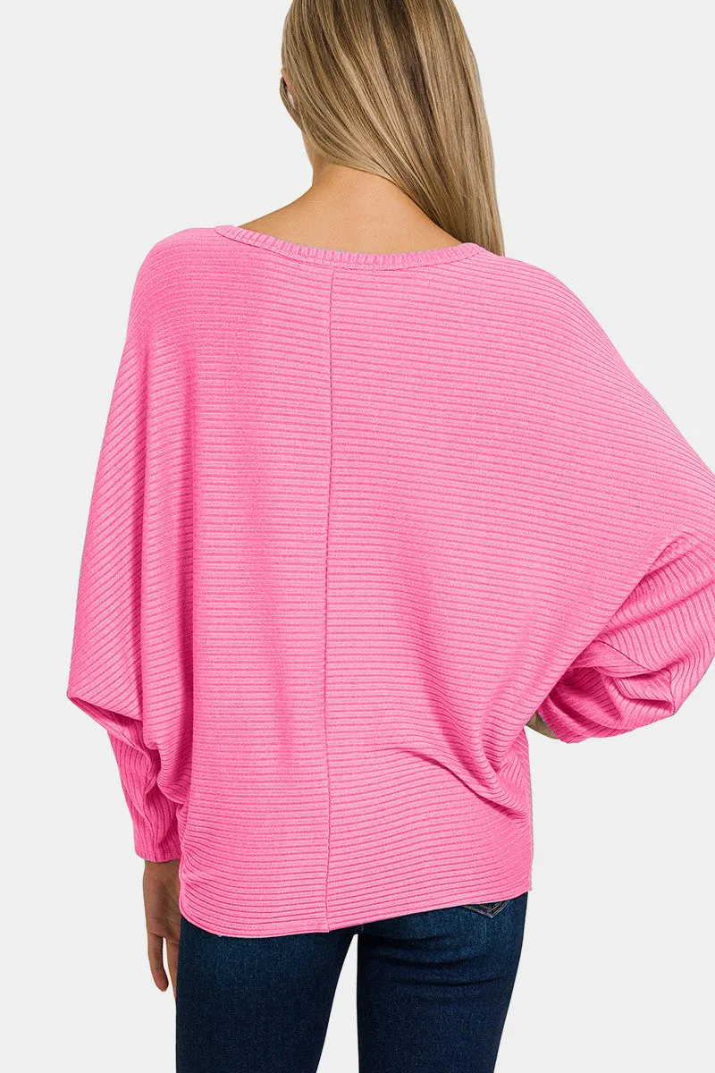 Ribbed Dolman Sleeve Top with Round Neck